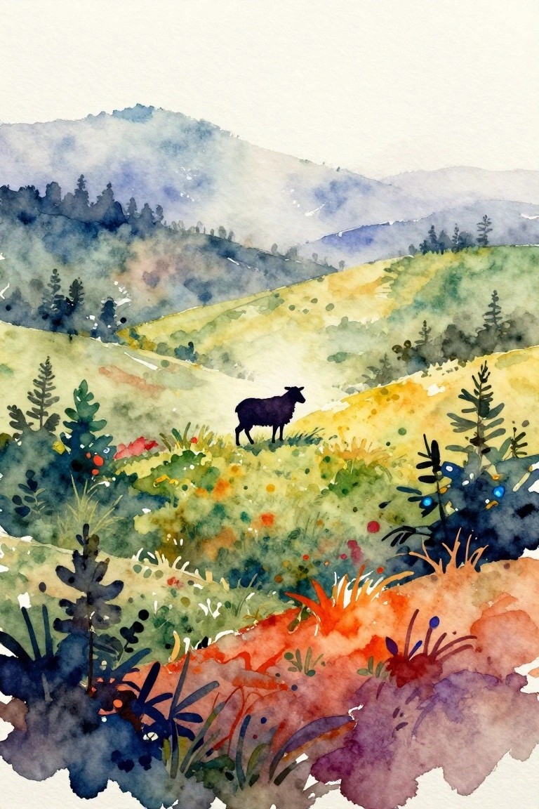 Watercolor landscape with lone black sheep on colorful hills amid misty mountains and trees.