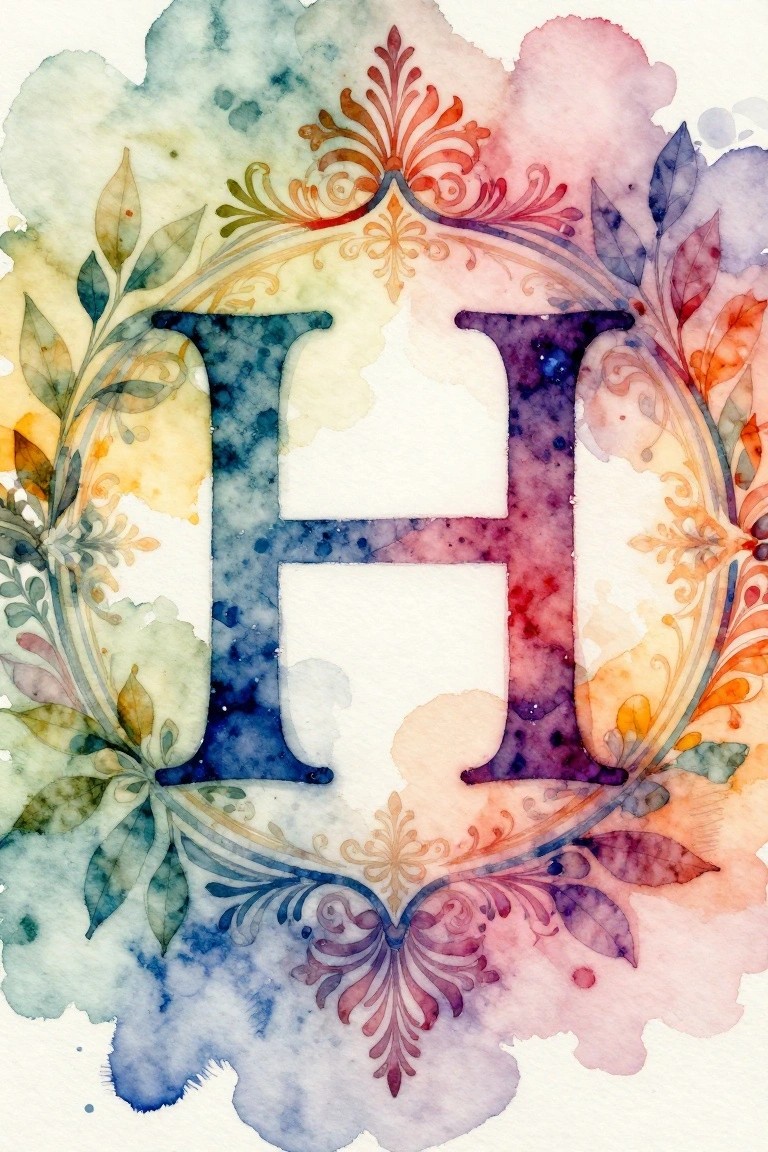 Watercolor letter H with ornate floral swirls in vibrant rainbow hues