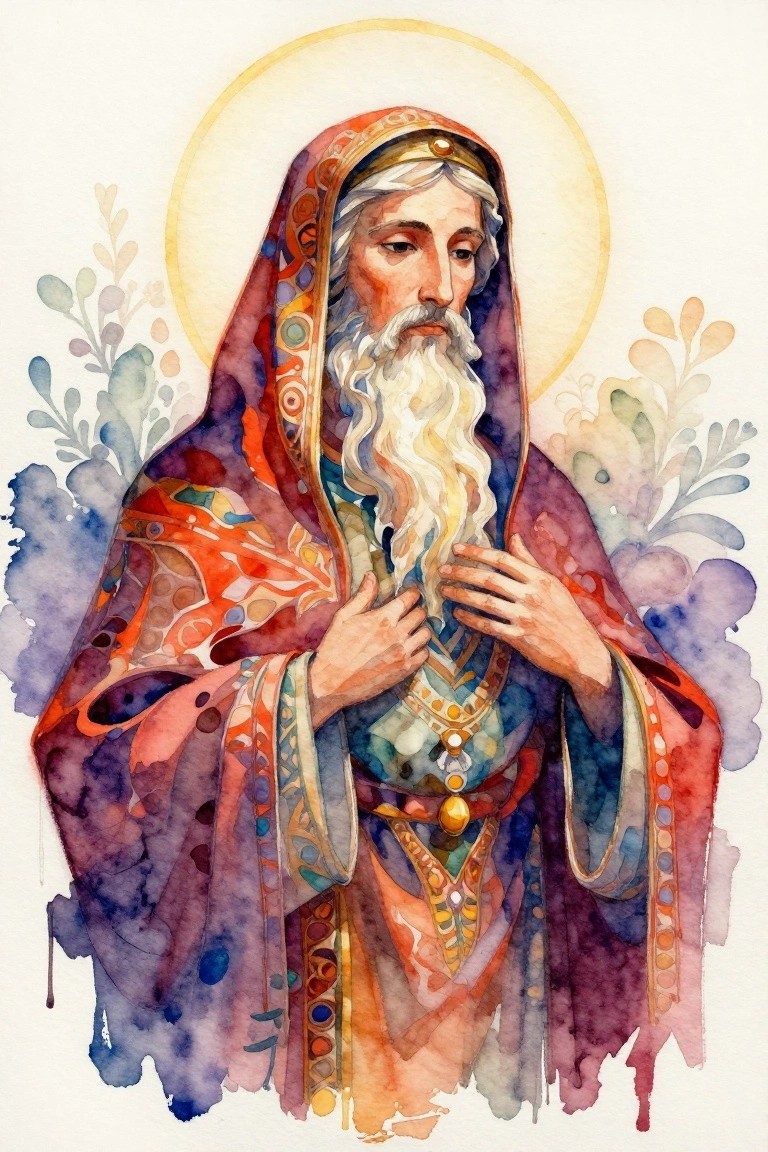 Elderly man with long white beard in colorful robes, hands on chest, golden halo, watercolor.