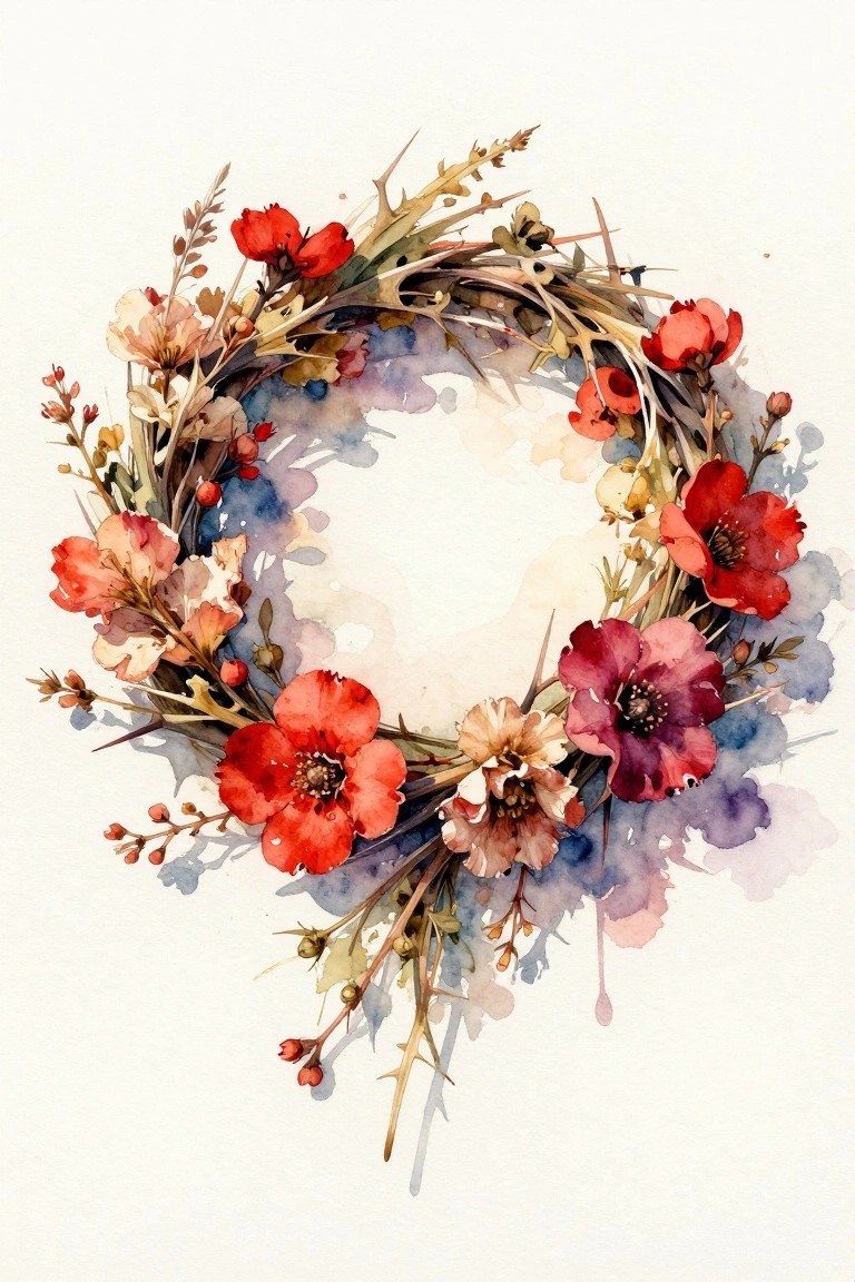A circular watercolor wreath with red and pink flowers plus dried foliage on a soft blue and purple wash background.