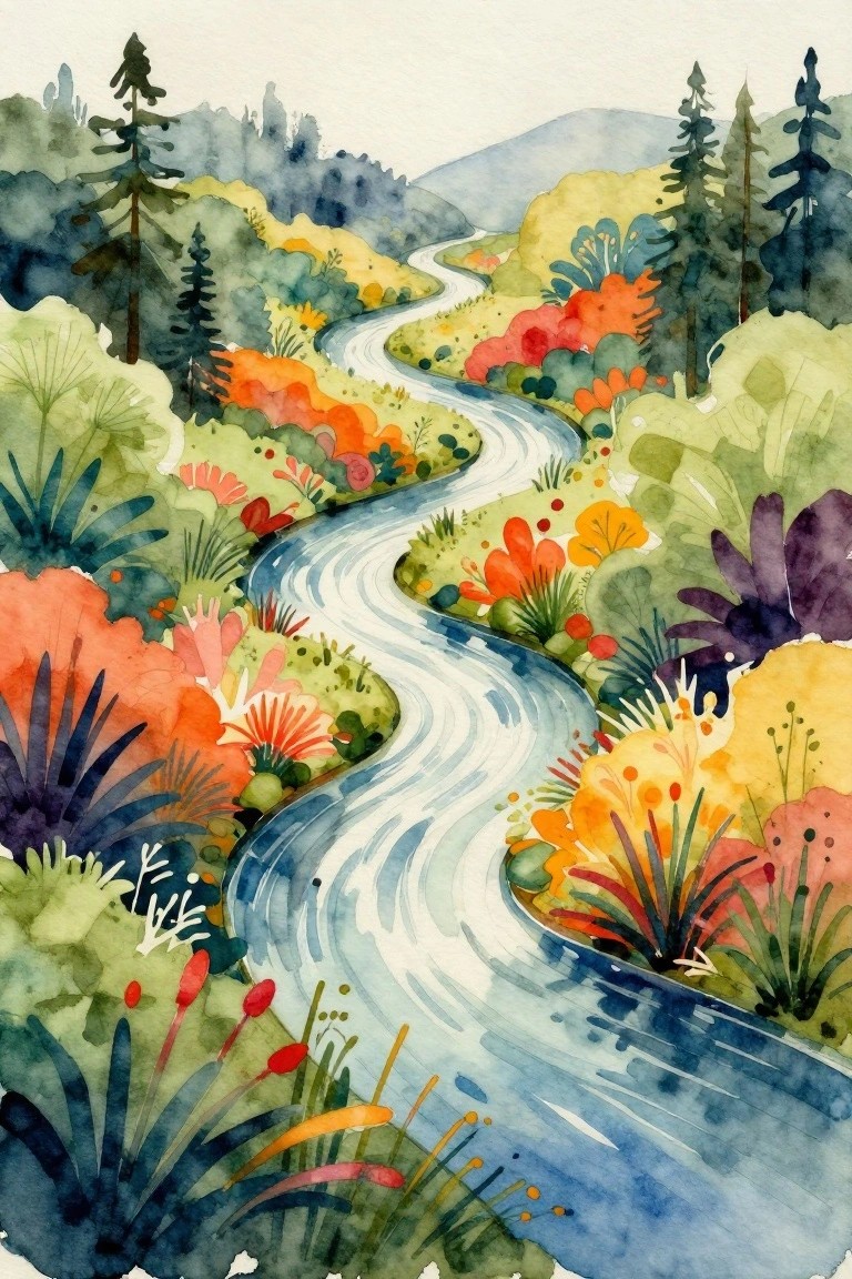 Winding blue river curving through vibrant colorful forest hills in watercolor style.