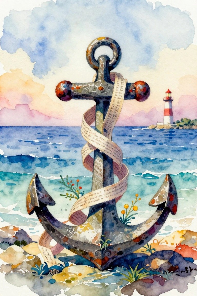 Watercolor anchor wrapped in text ribbon on rocky shore facing striped lighthouse.