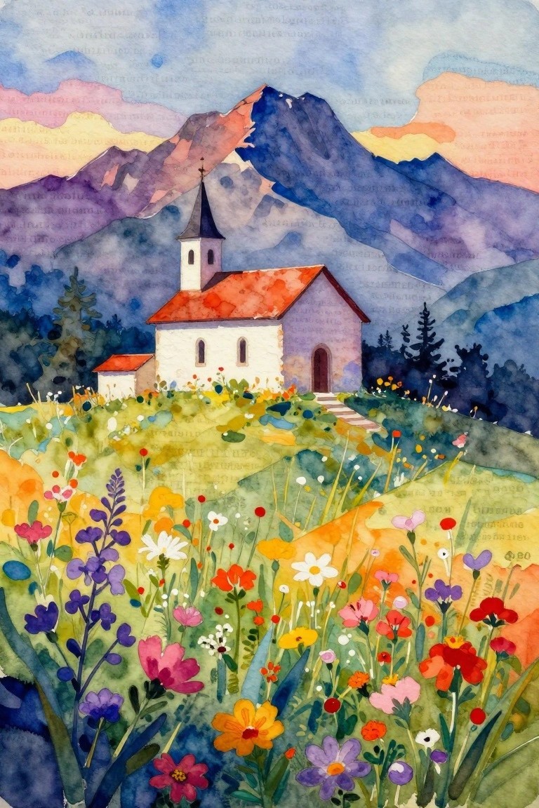 Watercolor of white church with red roof amid vibrant wildflowers and mountains
