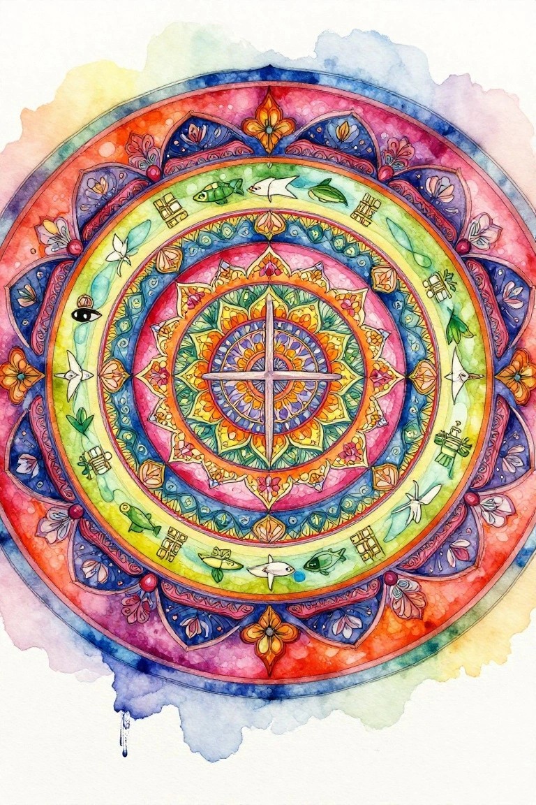 Vibrant watercolor mandala with fish, birds, flowers, and central cross.
