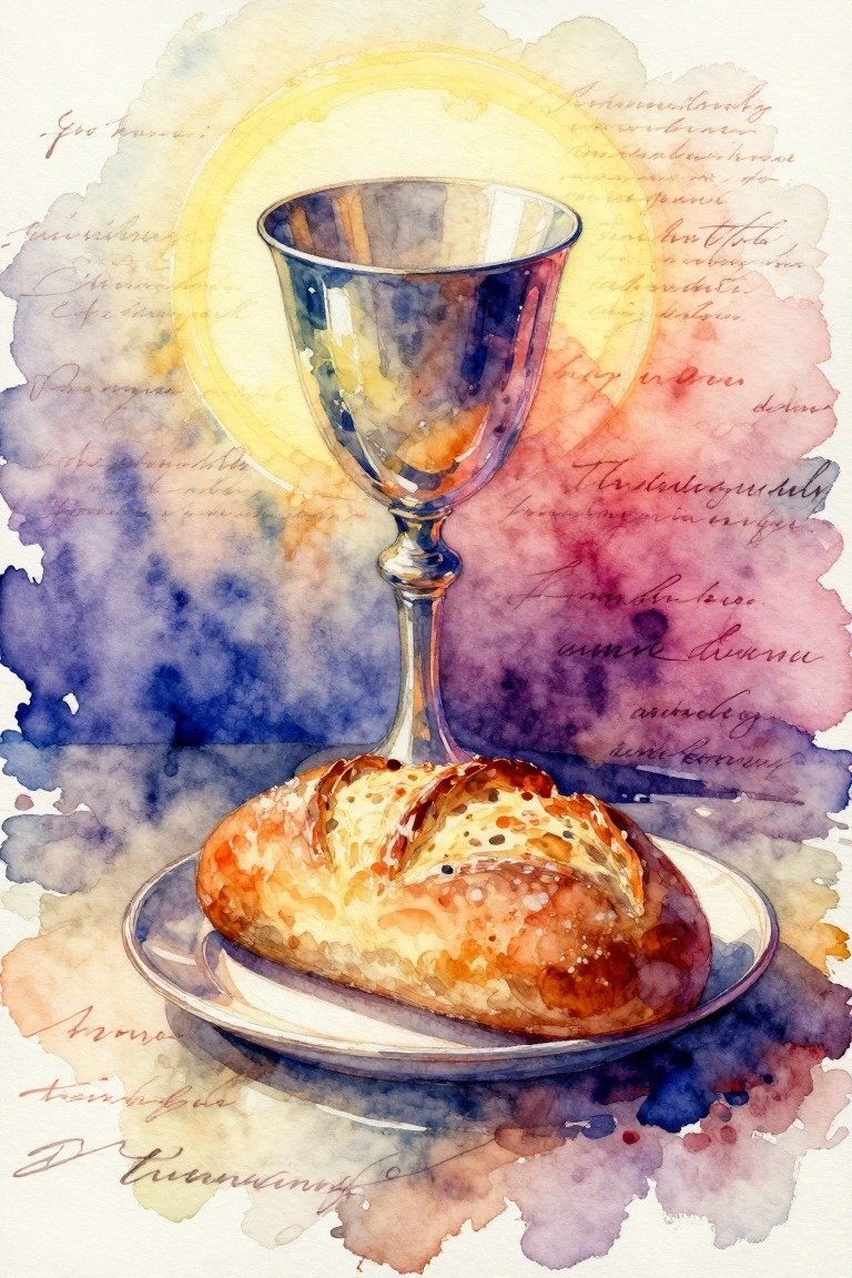 Watercolor of silver chalice above bread loaf on plate with script and halo background