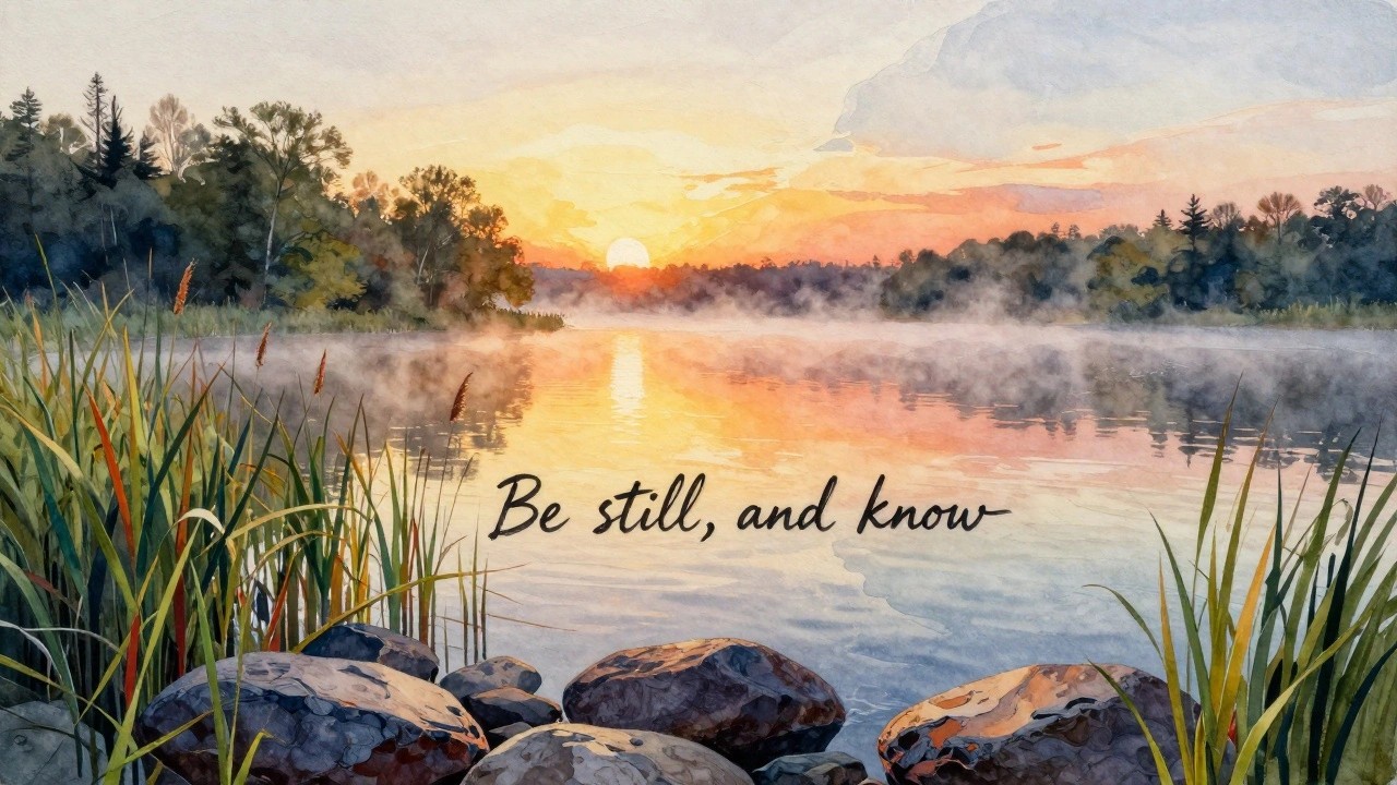 Watercolor painting of a lake at sunset with reeds, rocks, and the text "Be still, and know" across the sky.