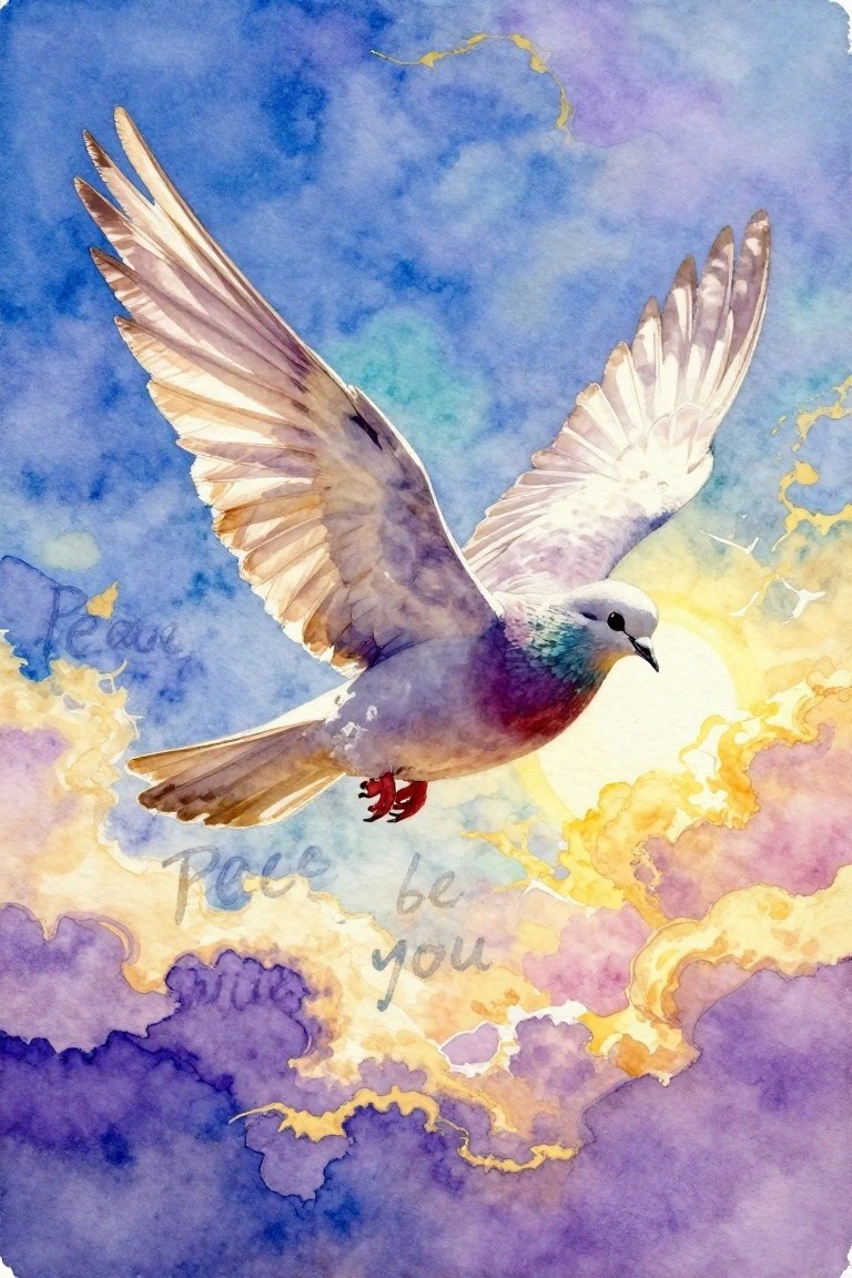 Watercolor dove soaring through vibrant blue-purple sky with golden clouds, sun, and peace text.