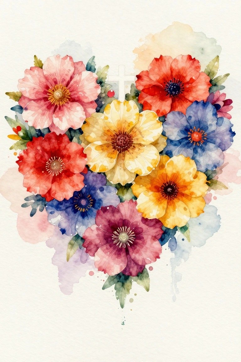Watercolor heart-shaped bouquet of vibrant pink, red, yellow, and blue flowers with cross