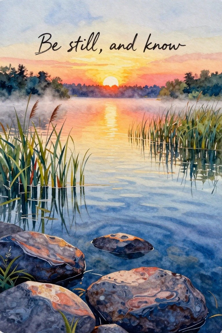 Watercolor painting of a lake at sunset with reeds, rocks, and the text 