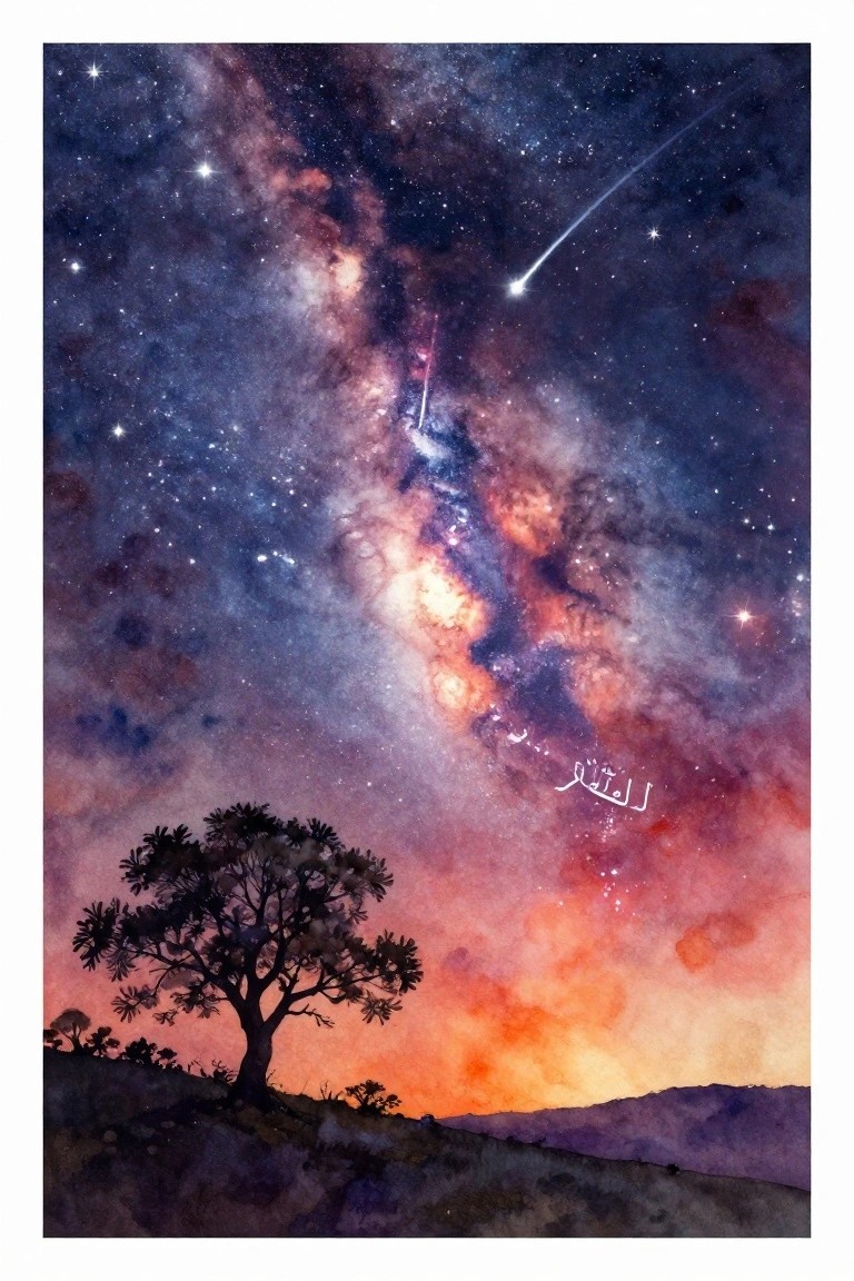 Watercolor of silhouetted tree beneath colorful nebula sky with shooting star.