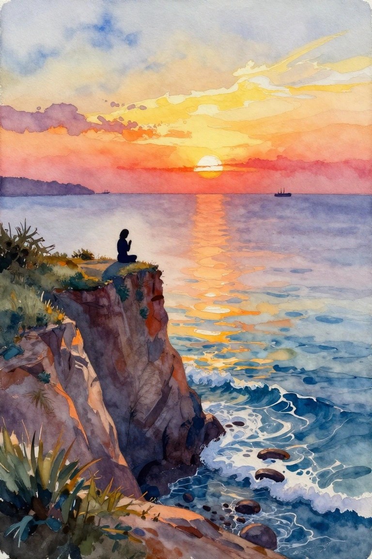 Watercolor of silhouetted figure meditating on cliff at vibrant ocean sunset.