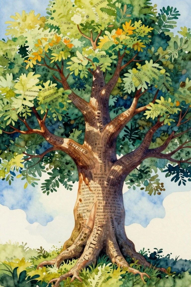 Watercolor painting of a tree with green and yellow leaves and text on its trunk