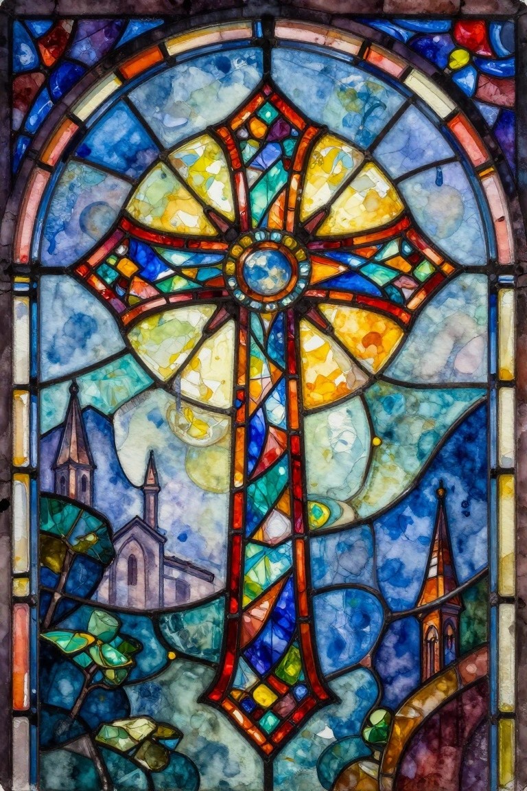 Colorful arched stained glass window with central cross and church steeples.