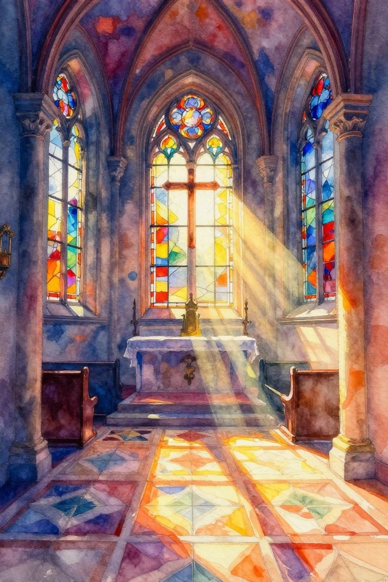 A watercolor painting of a church interior with stained glass windows, a cross above an altar, and sunlight beams on the tiled floor.