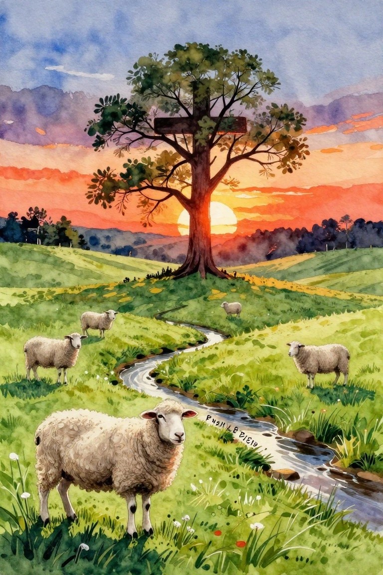 Watercolor of sheep grazing by stream under cross-topped tree amid vibrant sunset hills.