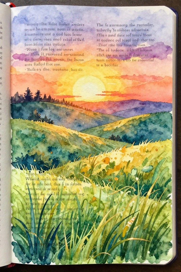 Watercolor painting of rolling hills at sunset with grass in the foreground, shown across an open book with text above the image.