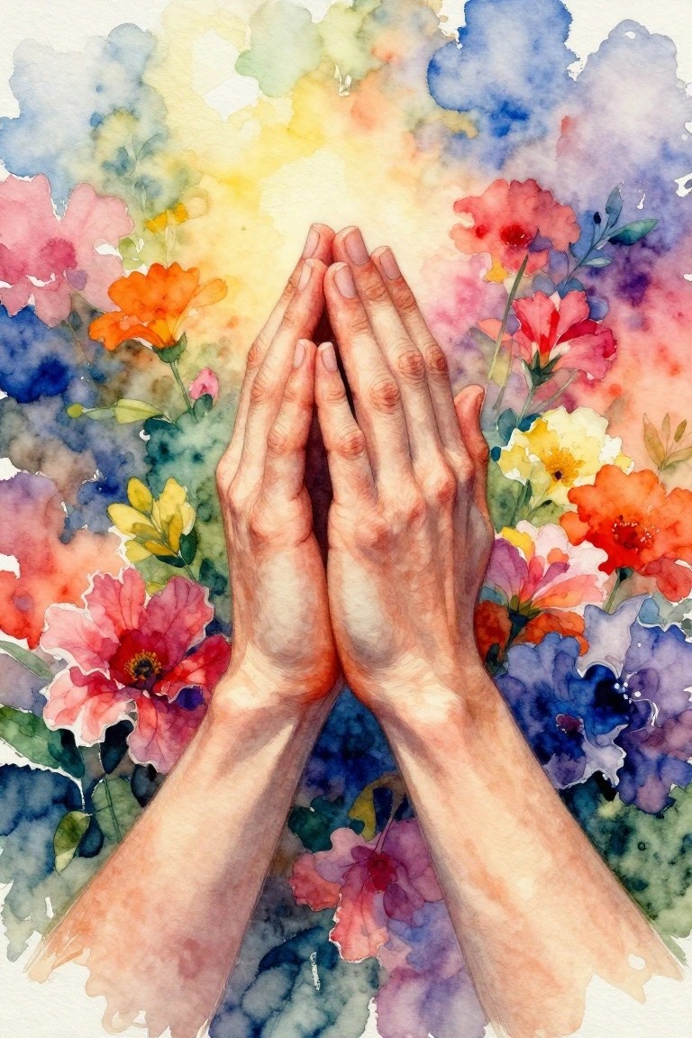Watercolor painting of two hands pressed together in prayer against a colorful background of scattered flowers.