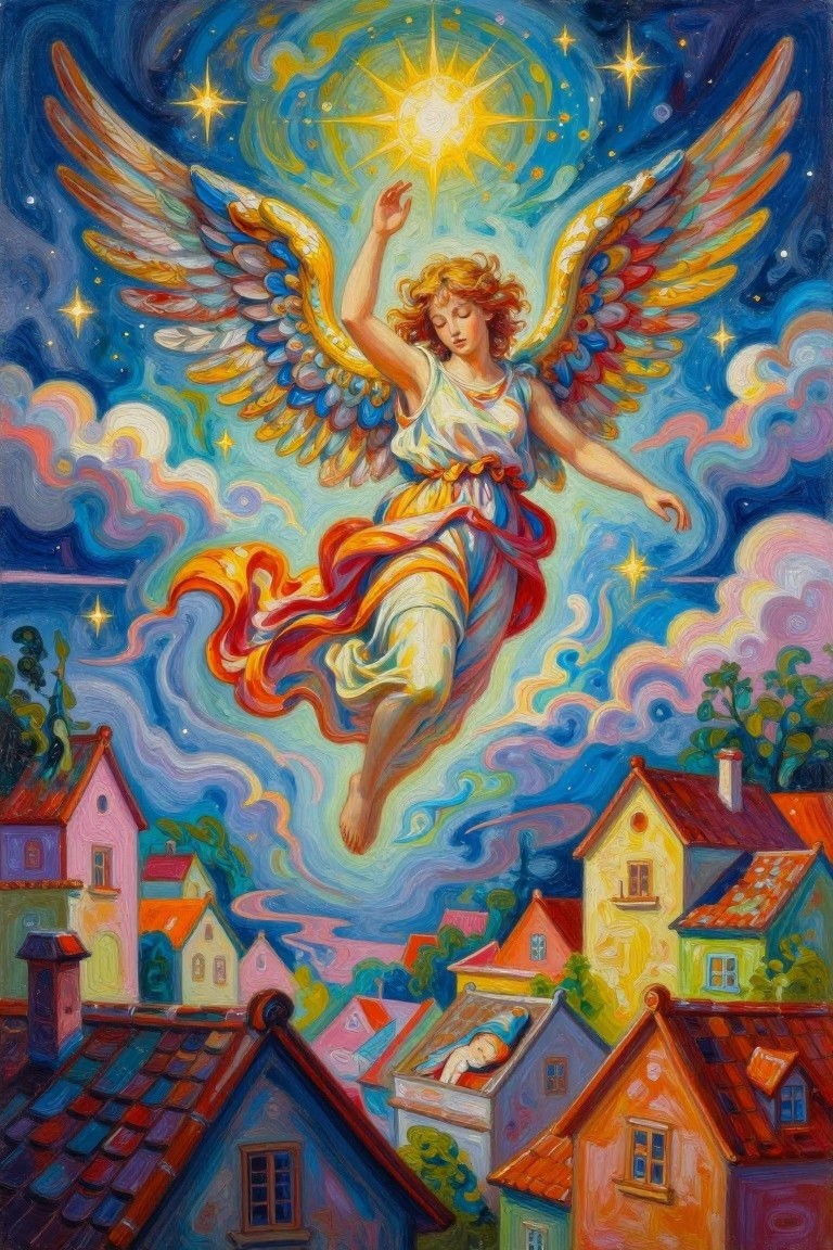 Vibrant angel with rainbow wings soars above colorful village homes under a glowing star.