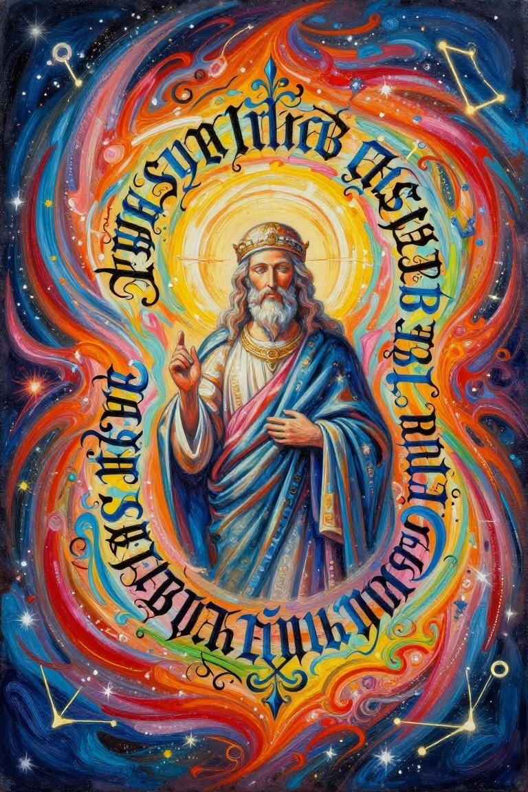 Crowned bearded man in blue robes gestures amid vibrant cosmic swirls, stars, and ornate script.