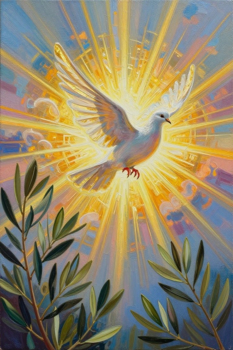 White dove soaring amid radiant golden rays over blurred cityscape with olive branches