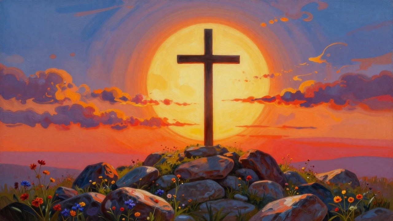 A painting of a wooden cross standing on rocks at sunset with colorful wildflowers in the foreground.