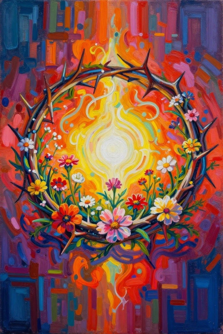 A vibrant painting shows a crown of thorns ringed with colorful wildflowers around a glowing white and yellow center on an abstract red and orange background.