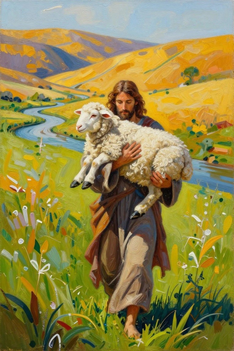 Jesus carrying a lamb through vibrant hills by a winding river, oil painting style