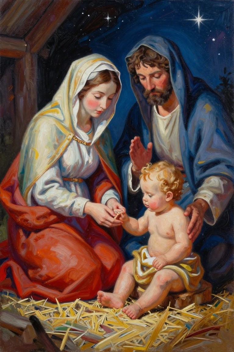 Mary in red robes and veil, Joseph in blue, baby Jesus on straw under stars