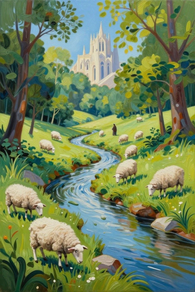 White sheep grazing by winding blue river with distant cathedral among trees