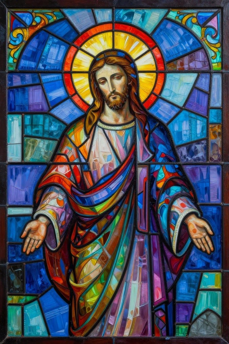 Vibrant stained glass Jesus in multicolored robes with radiant halo and open hands