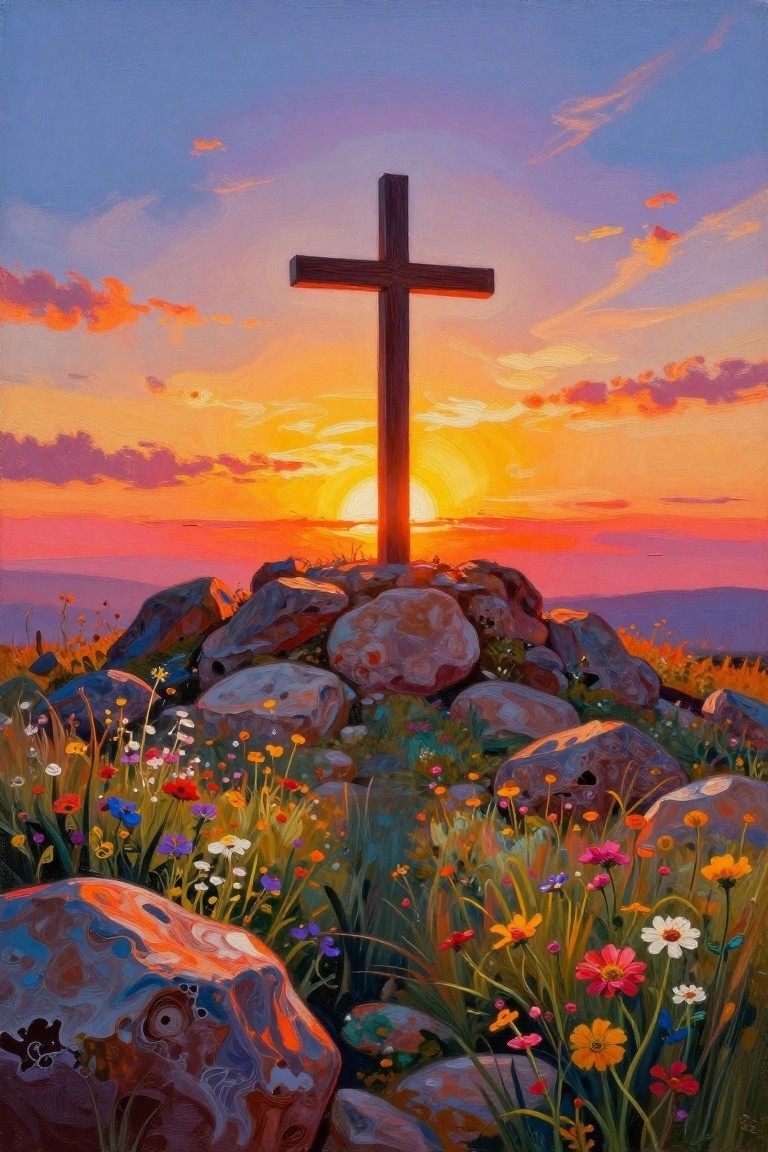 A painting of a wooden cross standing on rocks at sunset with colorful wildflowers in the foreground.