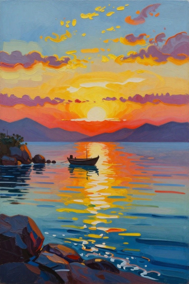 A painting of a sunset over the ocean with a small boat on the water and mountains in the background.
