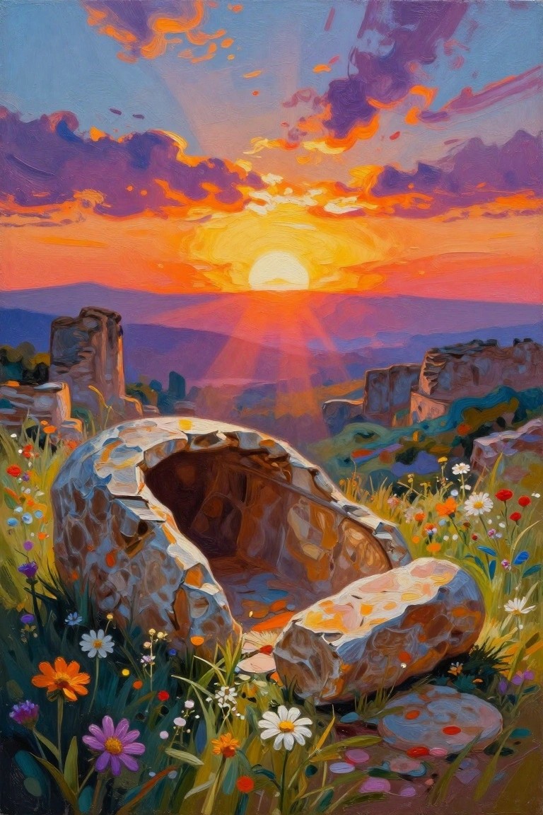 Vibrant sunset over ancient ruins with wildflowers blooming amid rocky cliffs