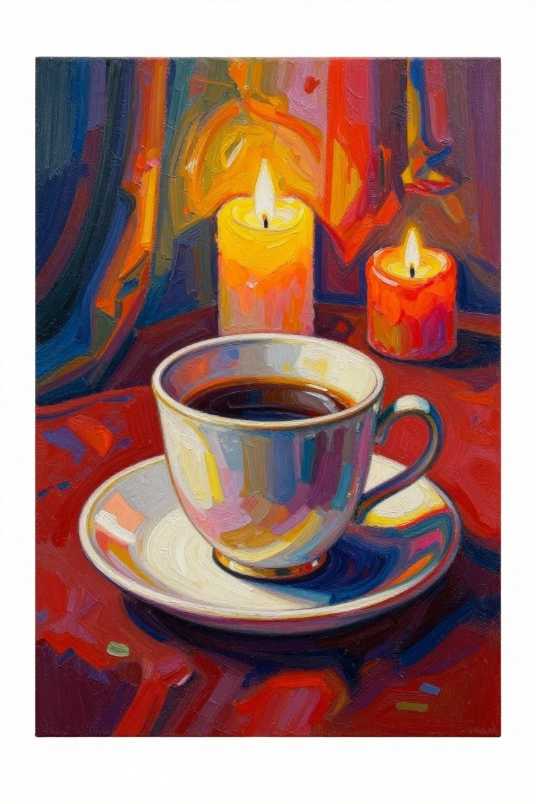 Vibrant painting of coffee cup and two lit candles on red table.
