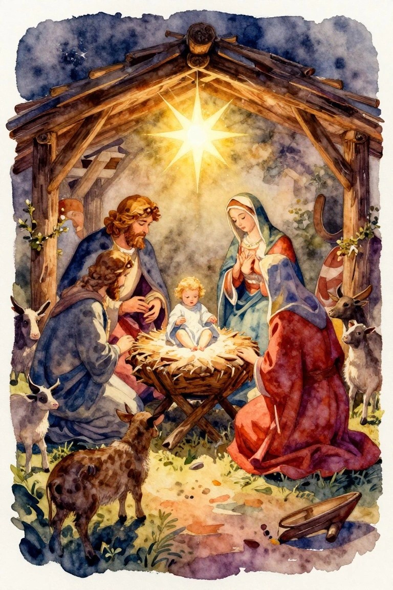 Watercolor nativity: robed Mary and Joseph kneel by baby in manger under glowing star with animals