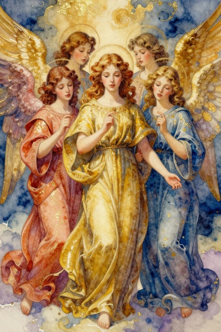 Four angels with wings and halos stand together in flowing robes of gold, blue, and rose against a cloudy sky with golden light.