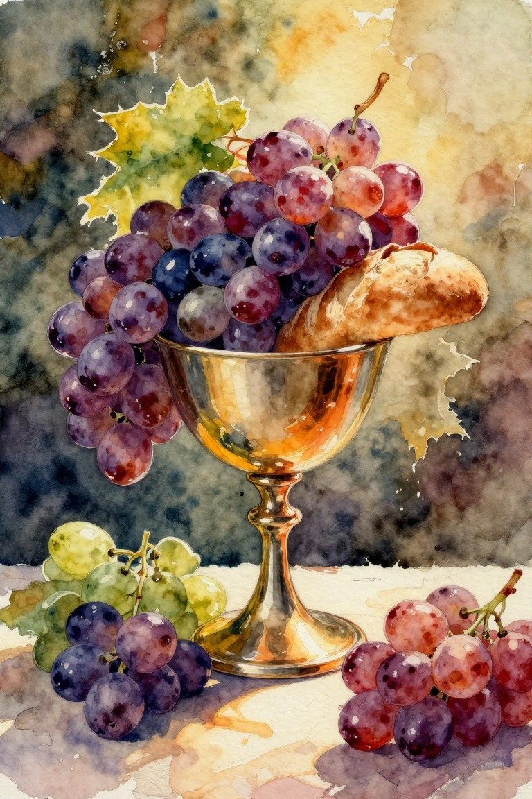 Watercolor still life of purple grapes in golden goblet with bread and leaves