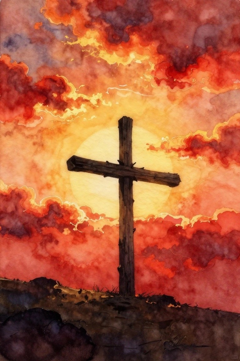 Wooden cross silhouetted against fiery red-orange sunset clouds in watercolor style.