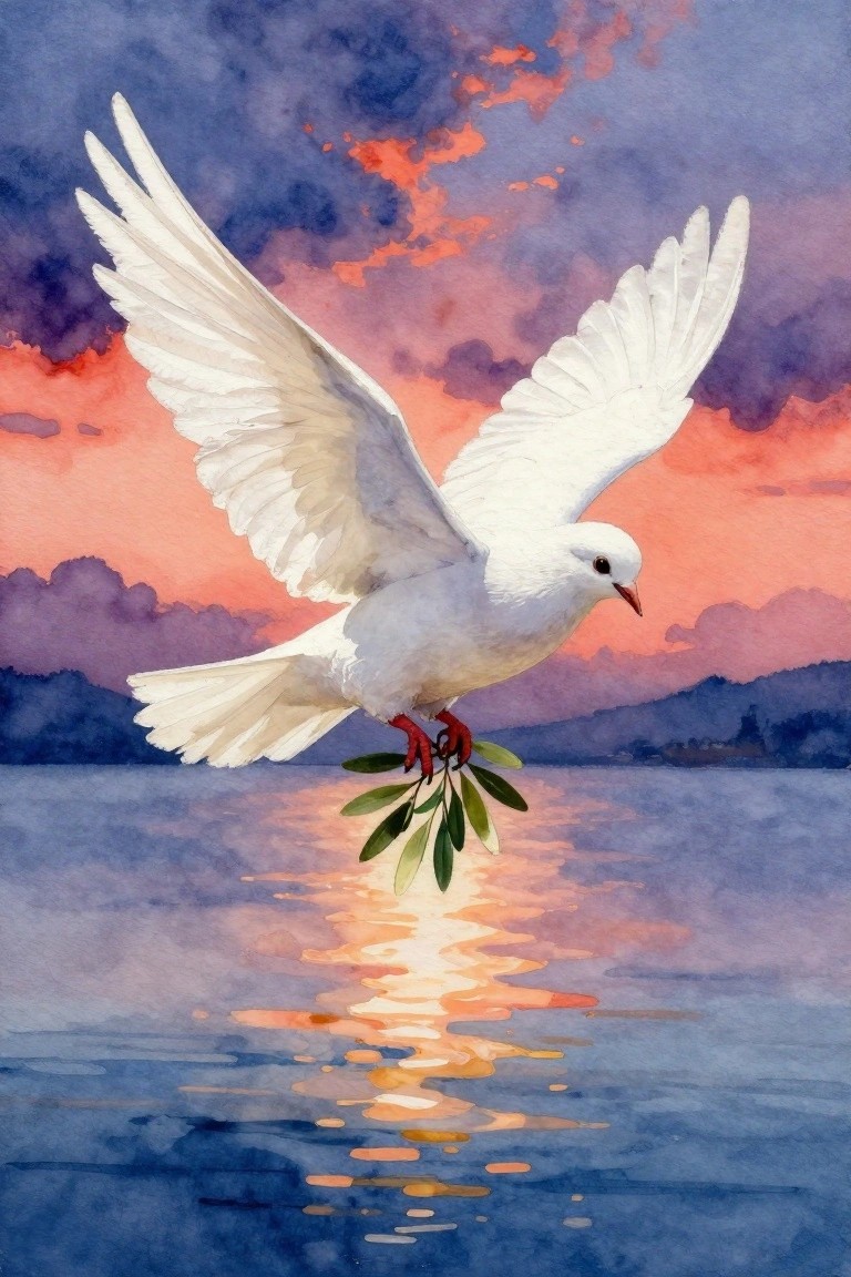 White dove carrying olive branch flies over water beneath vibrant orange-purple sunset clouds