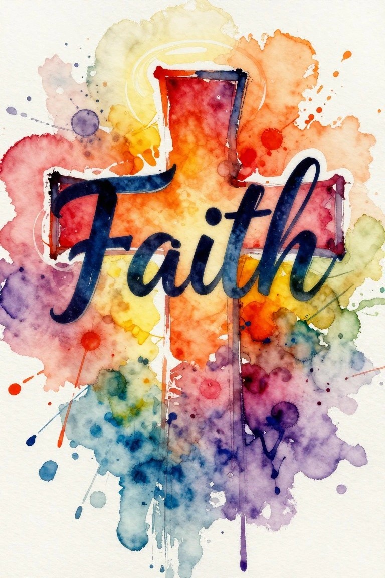 Watercolor rainbow cross with Faith in dark cursive script amid colorful splashes