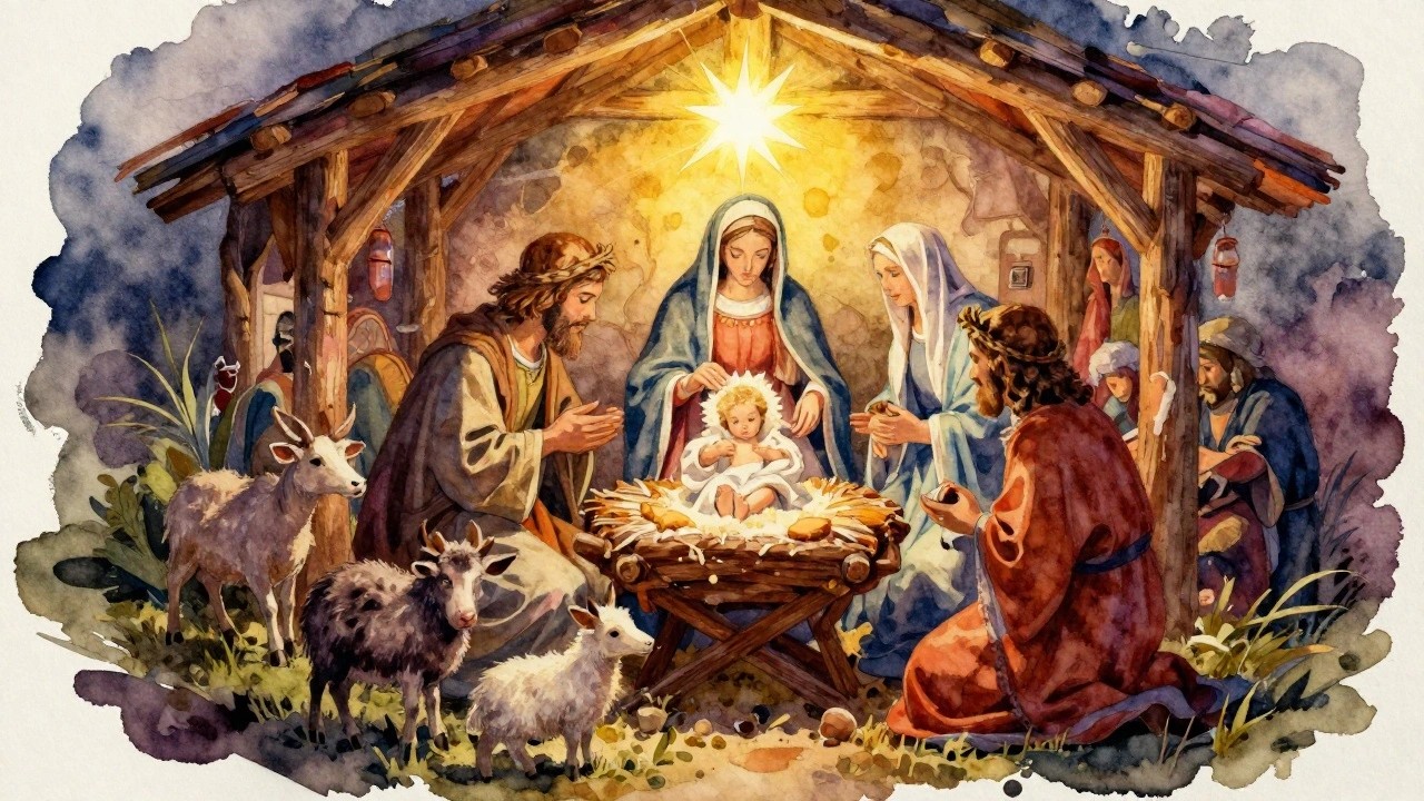 Watercolor nativity: robed Mary and Joseph kneel by baby in manger under glowing star with animals