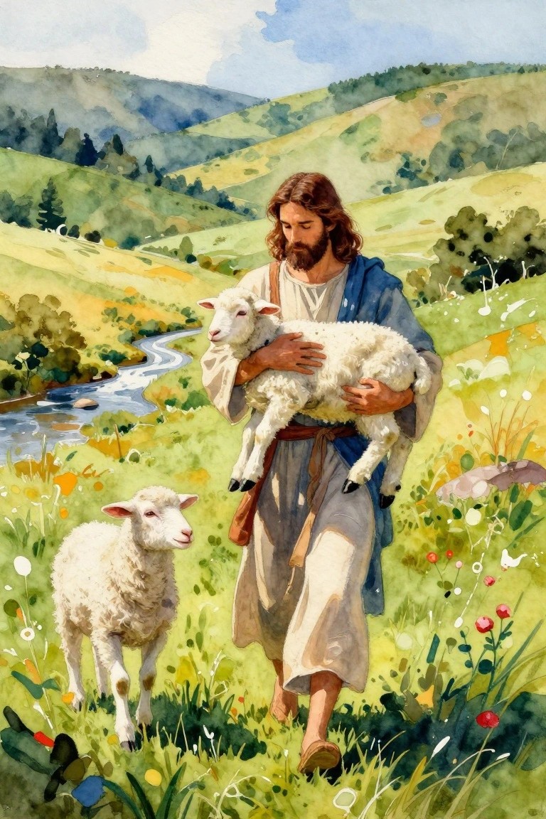 Jesus in blue robe carries lamb across flower-strewn meadow, another follows in watercolor hills