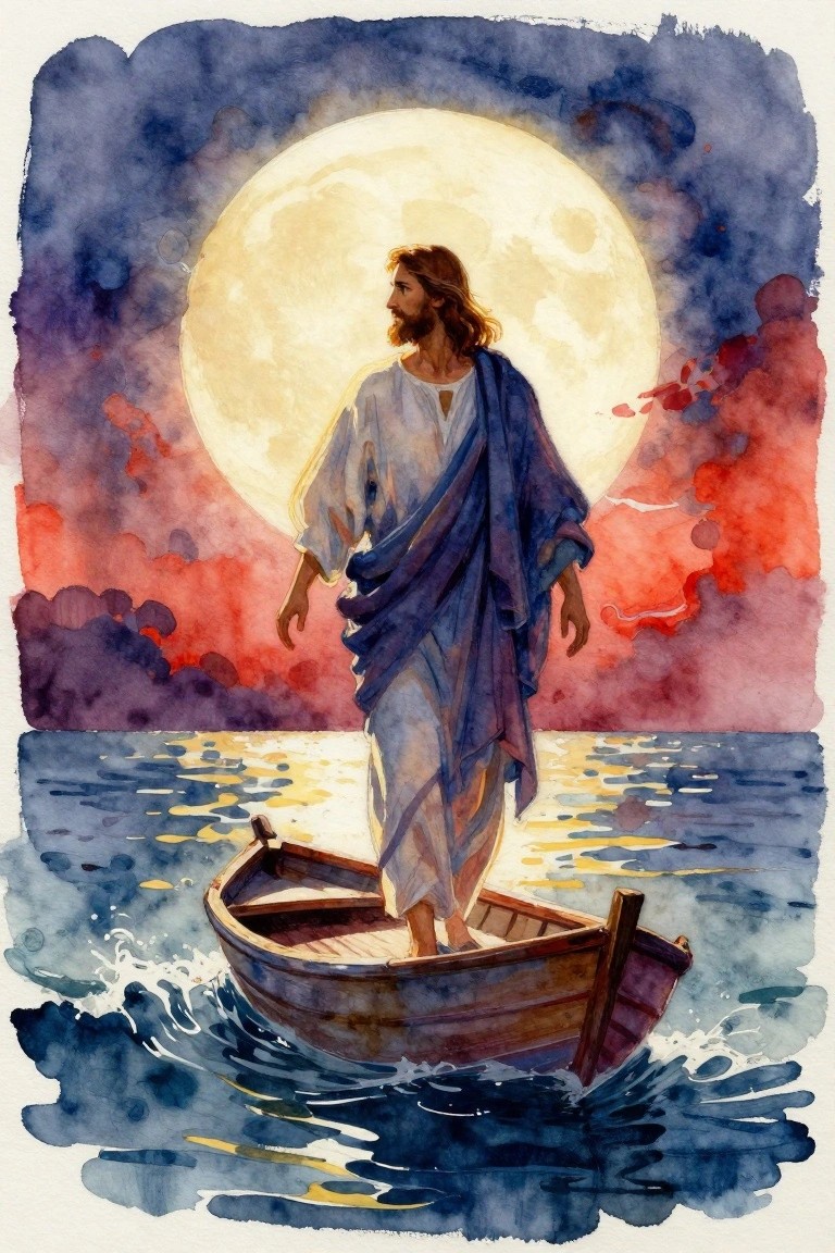 Robed figure stands in wooden boat on waves beneath large moon in watercolor sky