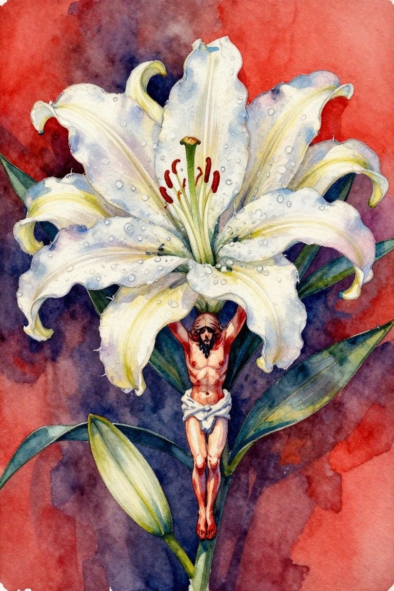 Watercolor of white lily with crucified Jesus at center on red-purple background.
