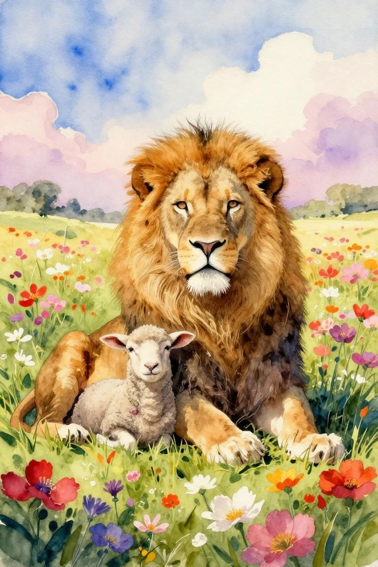 A watercolor painting of a lion and a lamb lying together in a meadow filled with colorful wildflowers under a blue sky.