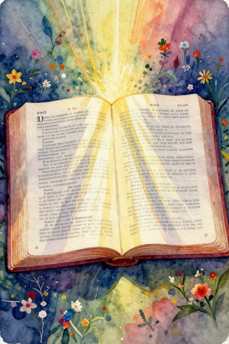 Open book glowing with divine light amid colorful wildflowers on starry watercolor background