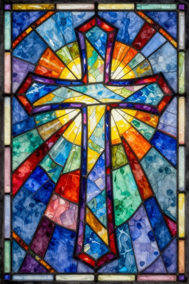 A rectangular stained glass panel shows a large cross made of many colorful glass pieces with yellow and orange rays spreading from the center.