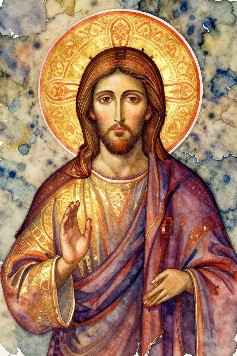 Watercolor icon of Christ in purple-gold robes with ornate halo and raised hand.