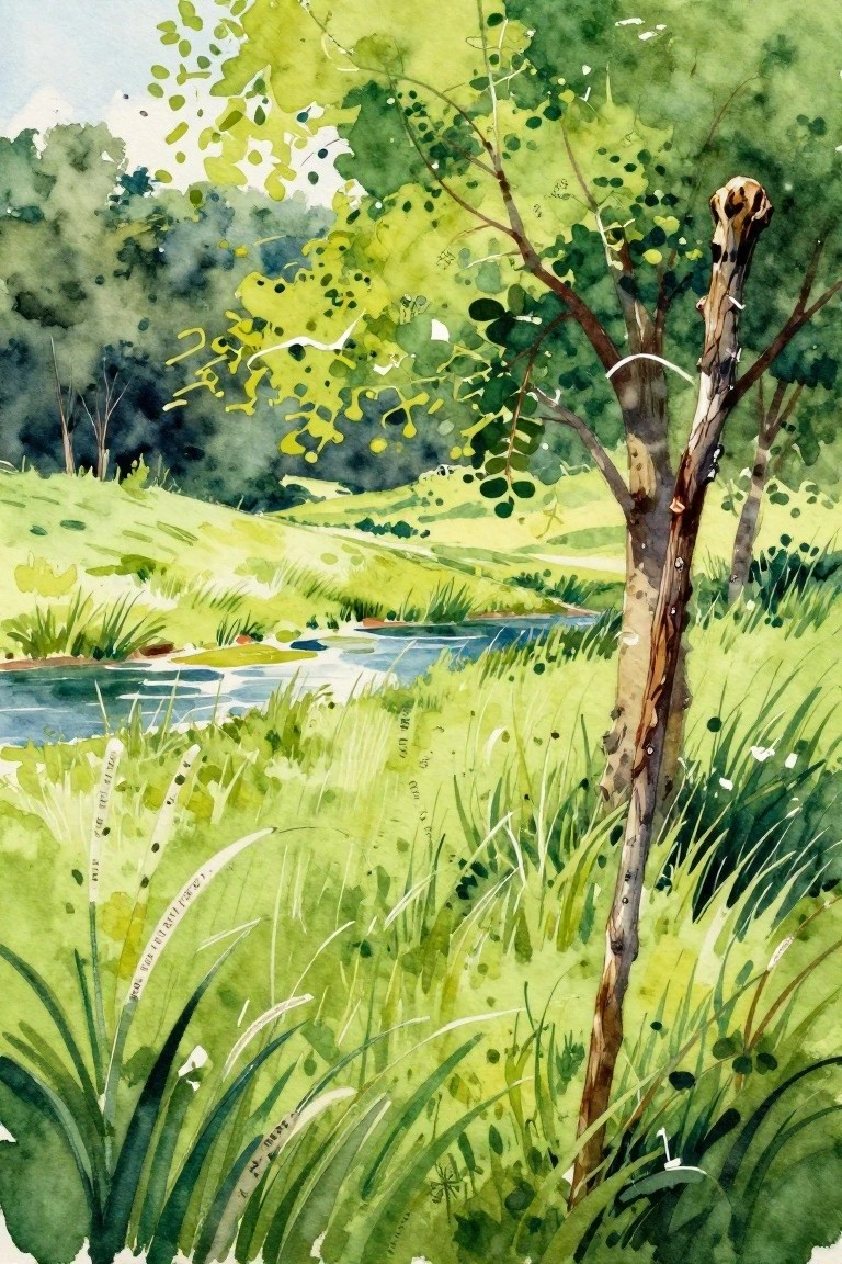 Watercolor landscape of stream through lush green hills with broken tree trunk
