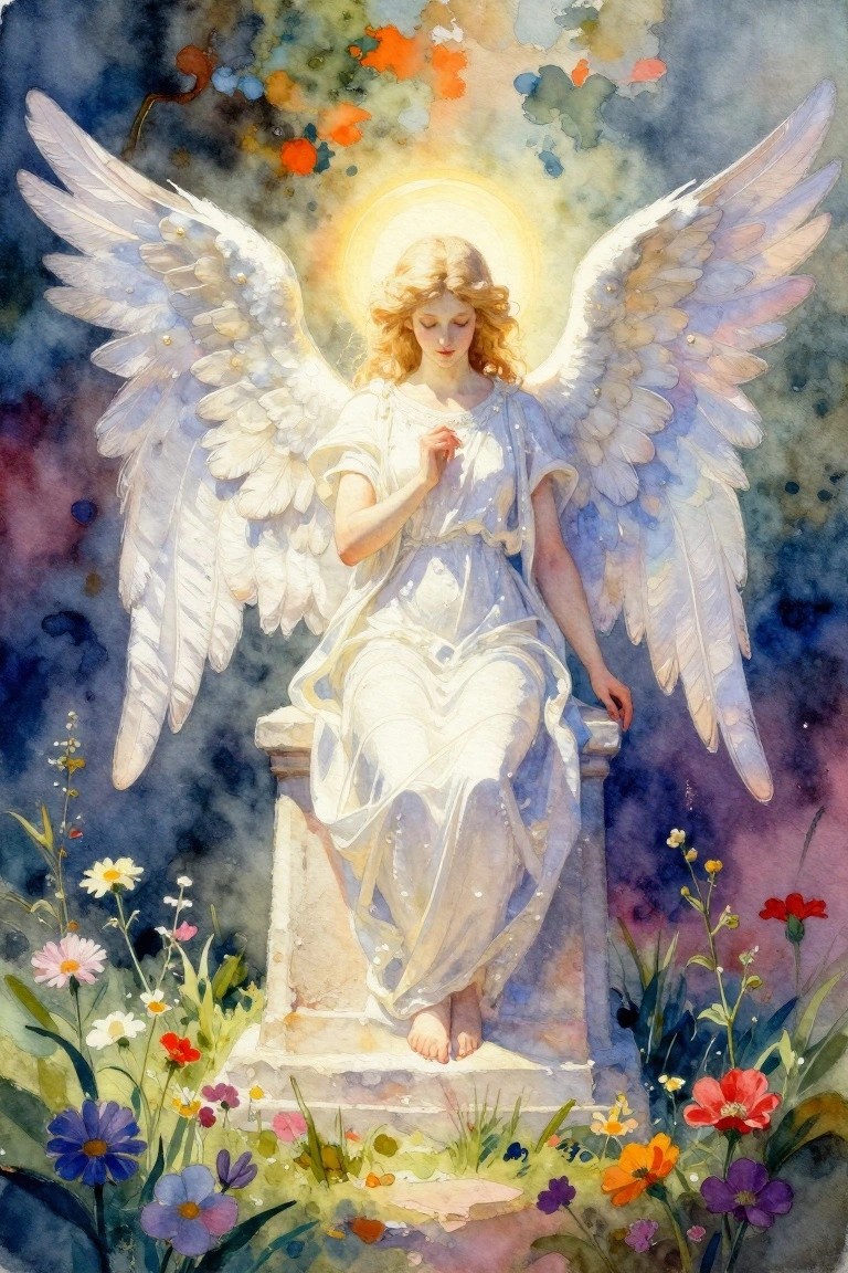 Watercolor angel with white wings and halo in flowing gown on stone pedestal amid flowers